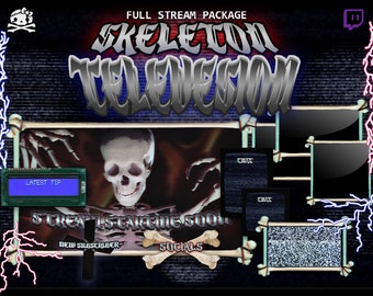 Skeleton Television Streaming package for TWITCH - YOUTUBE - Digital - Horror Animated Screens, Overlays, Alerts, Panel, Dark Red