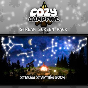 TWITCH Animierte Stream Leinwände - Gemütliche Lagerfeuer Szene - Konstellation Nächtlicher Sternenhimmel - Blau - Kawaii Nostalgischer Vibe - Youtube - Overlay