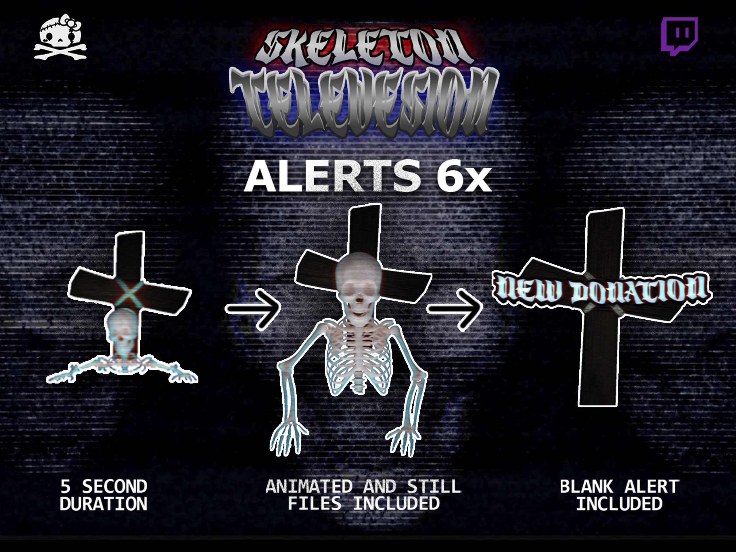 Skeleton Television - Animated ALERTS for TWITCH & YOUTUBE - Skull retro, Video Game, Spooky Tv Halloween - Stream Graphics