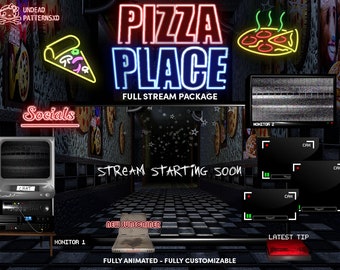 Horror Pizza Place Package -Twitch, YouTube, Horror Digital Assets -Animated Screens, Overlays, Alerts, Panels - Digital Download