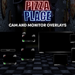 May include: A digital overlay for a video game, featuring a black screen with a red and blue border, labeled "CAM" and "MONITOR". The overlay is designed for use in a game with a "Pizza Place" theme.