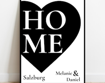 Póster personalizado para HOGAR con diseño de corazón, gris | Arte mural con nombre y ciudad | Regalo para inauguración de casa o aniversario | Digital