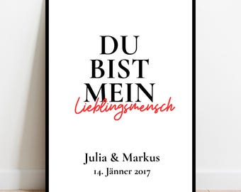 Póster «Eres mi persona favorita» | Personalizado con nombre y fecha | Regalo de aniversario de boda o San Valentín | Tipografía roja y negra