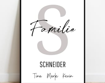 Elegante póster con iniciales familiares | Personalizado con inicial mayúscula, apellido y nombre | Regalo ideal para inauguración de casa, Día de la Madre o aniversario