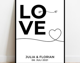 Elegante póster LOVE gris | Impresión personalizada de flecha y corazón con nombres y fecha | Regalo moderno para boda o aniversario | Digital
