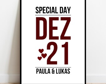 Póster personalizado con fecha y día especial | Arte de pared con mes y año con nombres | Regalo para compromiso, boda o aniversario | Impresión moderna