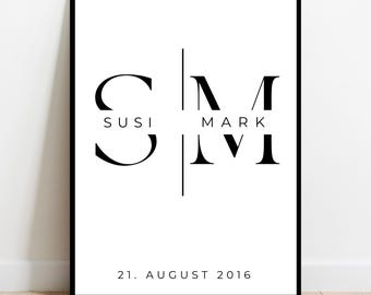 Elegante póster con iniciales y monograma | Arte de pared de lujo para parejas con nombres y fecha de boda | Regalo gráfico para boda o aniversario