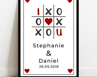 Póster de Tres en Raya «Te quiero» | Arte de pared romántico para parejas con nombres y fecha | Regalo creativo para aniversario o San Valentín | Digital