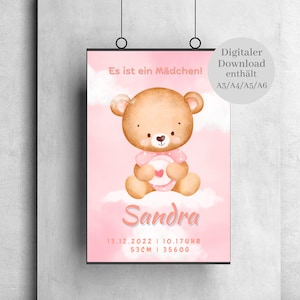 Póster de nacimiento personalizado | Decoración del hogar | Nacimiento | Chica Rosa | Habitación infantil | Bebé | Amistad y amor | Regalo | Digital