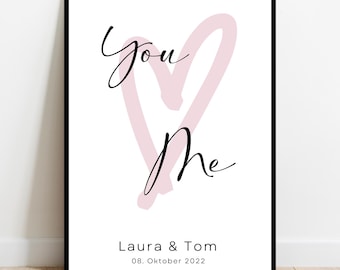 Póster «Tú y Yo» | Personalizado con nombre y fecha | Regalo moderno para bodas, aniversarios o San Valentín | Corazón pastel con tipografía cursiva