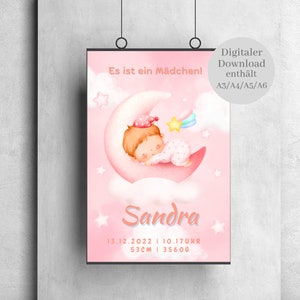 Póster de nacimiento personalizado | Decoración del hogar | Nacimiento | Chica Rosa | Habitación infantil | Bebé | Amistad y amor | Regalo | Digital