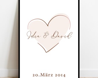 Póster Corazón Oro Rosa | Personalizado con Nombres y Fecha | Regalo Elegante para Bodas, Aniversarios o Compromisos | Tipografía Cursiva
