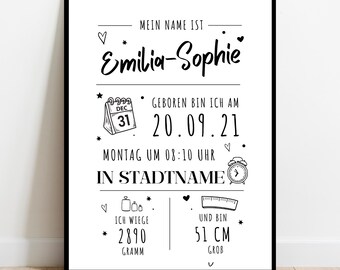 Póster personalizado con el nombre del bebé y los datos de nacimiento | Estilo manuscrito | Niñas y niños | Regalo para bautizo o nacimiento | Digital