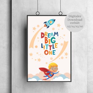 Póster Soñar en grande para niños | Decoración del hogar | nacimiento | Gran chico | Habitación infantil | Bebé | Amistad y Amor | Regalo | Pósteres digitales A4