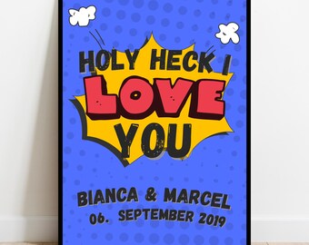 Póster de amor | Arte pop vibrante para pared con burbujas y nombres | Regalo divertido para aniversario o San Valentín | Digital