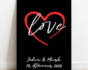 Póster de amor sobre fondo negro | Personalizado con nombres y fecha | Regalo apasionado para aniversario o San Valentín | Corazón rojo