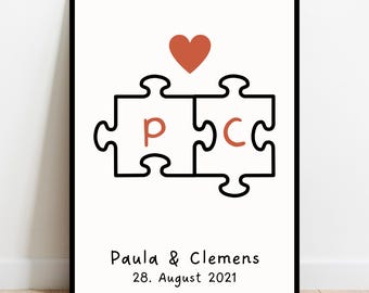 Póster «Me completas» | Personalizado con iniciales, nombres y fecha | Regalo para boda, aniversario o compromiso | Corazón de rompecabezas