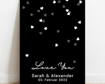 Póster de confeti de corazones delicados "Te quiero" | Arte de pared romántico con nombres y fecha | Regalo de aniversario o San Valentín | Impresión digital
