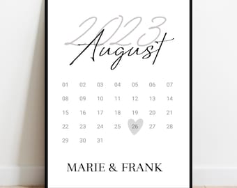 Póster calendario personalizado con corazón | Fecha marcada: "Día del Amor" | Regalo para boda, aniversario o compromiso | Nombres y mes