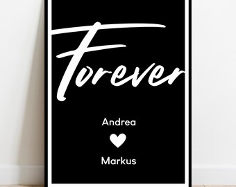 Póster personalizado FOREVER con corazón | Decoración de pared con nombres | Regalo para bodas, aniversarios o compromisos | Diseño digital atemporal