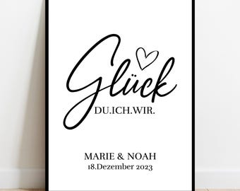 Póster alegre con letras a mano | Mensaje "TÚ.YO.NOSOTROS." con corazón | Regalo para bodas, nacimientos o inauguraciones de casas | Personalizado con nombres y fecha