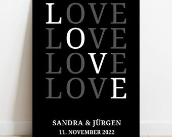 Póster personalizado LOVE con nombres de la pareja y fecha | Regalo para boda, aniversario o San Valentín | Arte mural moderno en blanco y negro |