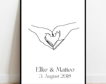Póster de manos con forma de corazón en dibujo lineal | Arte minimalista para parejas | Regalo para boda, aniversario o compromiso | Personalizable con nombres