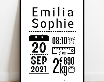 Póster minimalista con fecha de nacimiento y diseño de calendario | Decoración moderna para la habitación del bebé | Regalo para nacimiento o bautizo | Personalizado