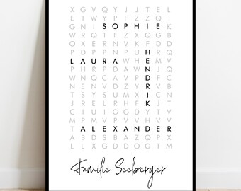 Póster personalizado de sopa de letras familiar | Sopa de letras con los nombres de tus seres queridos | Regalo moderno para inauguración de casa o aniversario | Arte mural