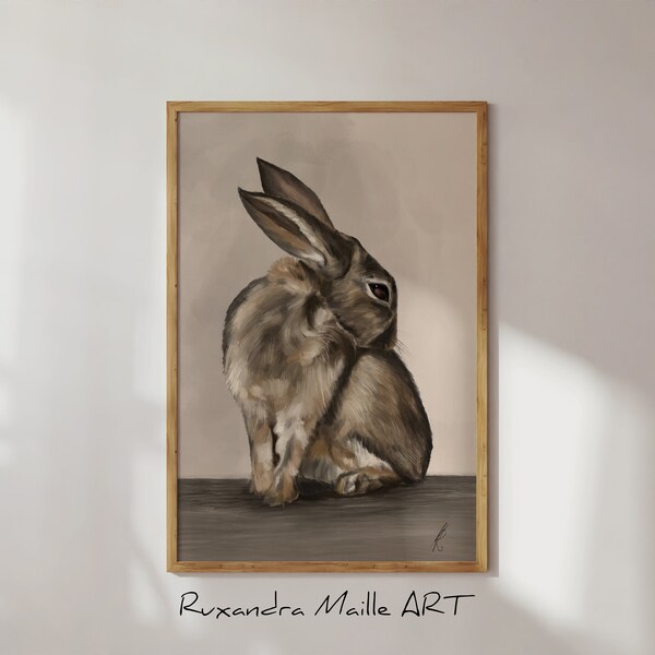 Vintage Printable bunny portrait, antique original handmade rabbit painting, hare oil painting, original rabbit oil painting wall gallery