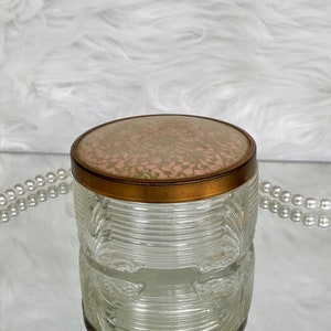 Vintage 1950s Art Deco Glass Powder Dresser Jar w Lace Fabric Lid