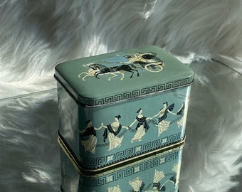 Vintage Blue English Tin with Dancing Greek Ladies