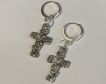 handmade whimsigoth vine cross huggie hoop silver plated earrings