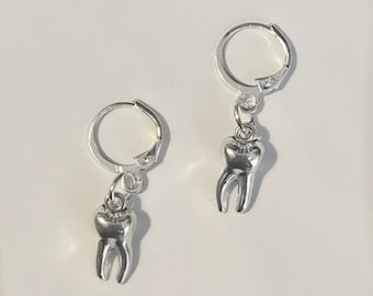 handmade whimsigoth indie mini tooth/teeth hoop silver plated earrings