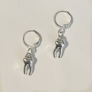 handmade whimsigoth indie mini tooth/teeth hoop silver plated earrings