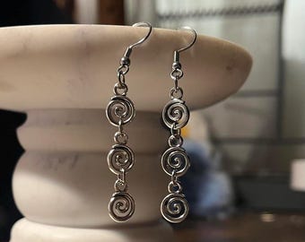 handmade y2k silver triple spiral swirl fish hook plated dangle earrings