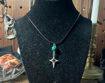 Handmade Y2K Star Pendant Necklace: Green Swirl Bead, Black Cord