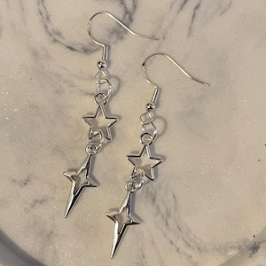 handmade whimsigoth y2k star and sparkly star silver fish hook plated dangle earrings