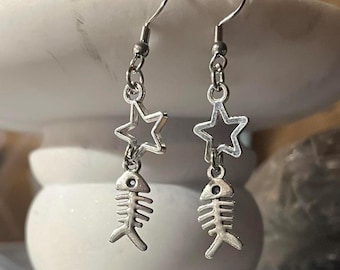 Handmade Y2K Fish Skeleton Star Charms: Fish Hook Dangle Earrings