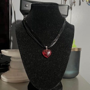 handmade whimsigoth indie ribbon triple black cord necklace with red glass small heart pendant