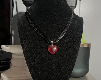 handmade whimsigoth indie ribbon triple black cord necklace with red glass small heart pendant