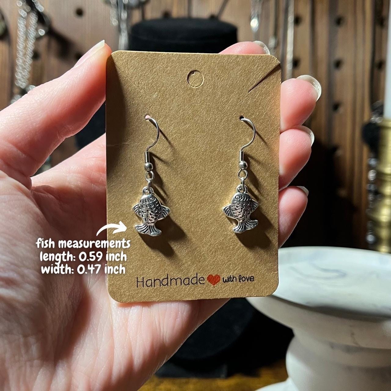 handmade y2k alternative circular fish silver charm fish hook dangle earrings