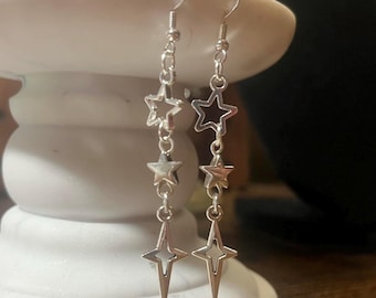 Handmade Y2K Star Dangle Earrings: Silver Plated Charms Stainless Steel Fish Hook Style