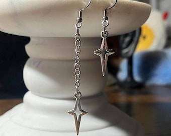 Handmade Y2K Asymmetrical Star Dangle Earrings: Stainless Steel Hook and Chain