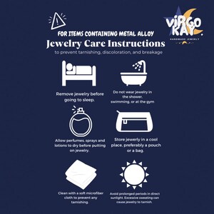 May include: Jewelry care instructions graphic with white icons on a dark blue background. The text advises removing jewelry before bed, avoiding water and gym activities, and storing in a cool place. It also suggests cleaning with a microfiber cloth.