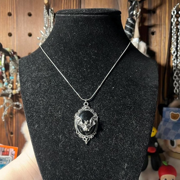 Handmade Gothic Silver and Black Resin Bat  Pendant: Stainless Steel Chain Necklace