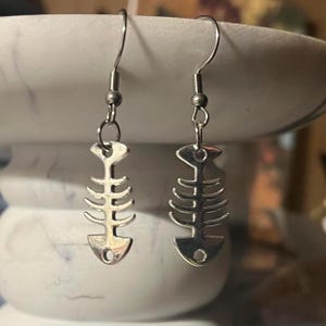 handmade y2k punk silver fish skeletons fish hook dangle earrings
