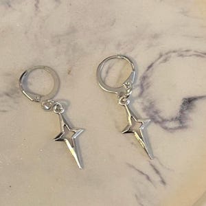 handmade whimsigoth mini/small silver sparkling star stainless steel huggie hoop lever back earrings