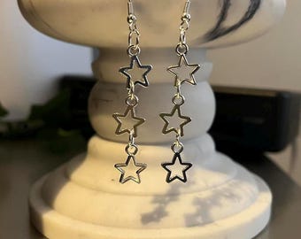 handmade y2k silver chain triple star fish hook plated dangle earrings