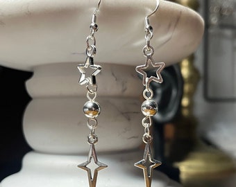 Handmade Y2K Star Dangle Stainless Steel Hook Earrings: Silver Ball Charms